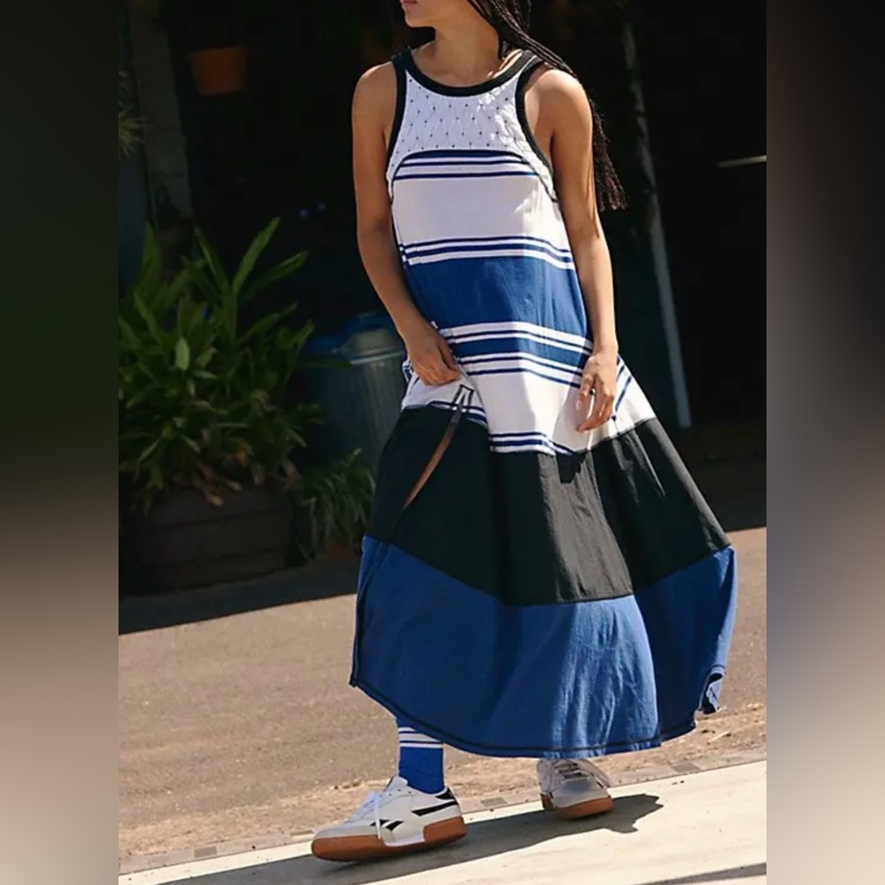 NWOT Free People FP Movement Back Spin Tank / maxi dress midnight blue combo - M - Picture 4 of 8